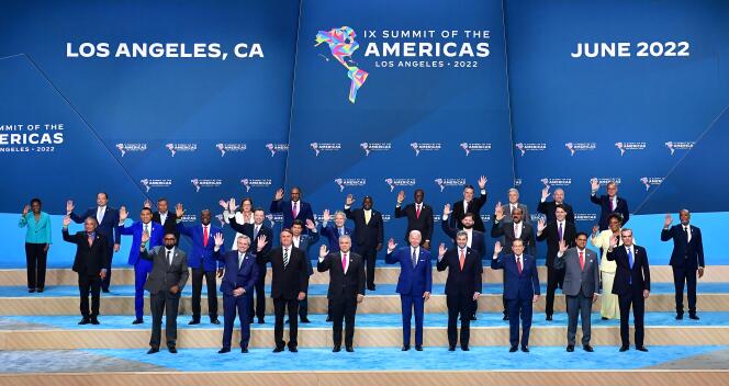 Government representatives attending the Americas Summit pose for a family photo in Los Angeles, June 10, 2022. 