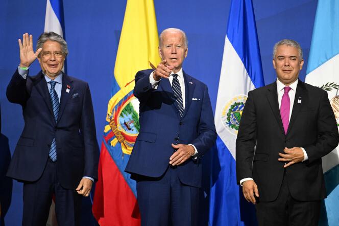 Ecuadorian President Guillermo Lasso (left), US President Joe Biden and Colombian President Ivan Duque (right) during a statement on immigration at the 9th Summit of the Americas in Los Angeles, California, June 10, 2022.