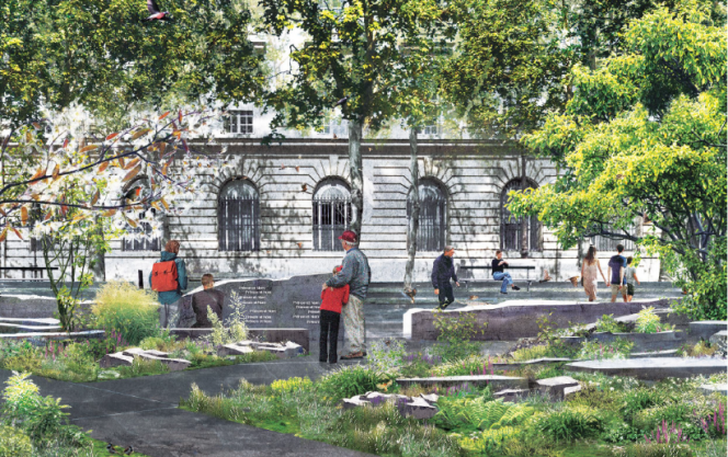 Le jardin du souvenir prévu place Saint-Gervais, à Paris (vue d’artiste du projet de l’agence Wagon Landscaping)
