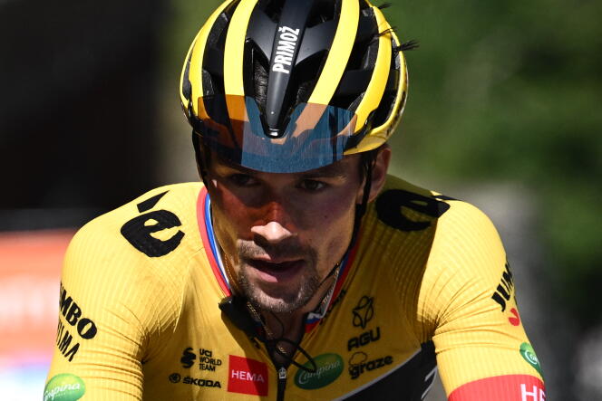 Slovenian rider Primoz Roglic (Jumbo-Visma) crossing the finish line of the seventh stage of the 74th edition of the Critérium du Dauphiné, between Saint-Chaffrey (Hautes-Alpes) and Vaujany (Isère), Saturday June 11 . 
