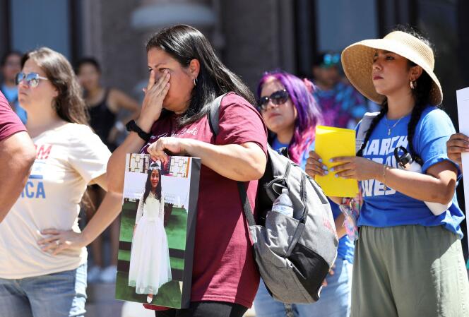 Gloria Cazares, mother of Jackie Cazares, who was killed in Robb Elementary School shooting in Uvalde, listens to speakers during a March for Our Lives rally, in Austin, Texas, on June 11, 2022.