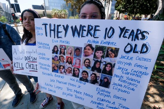 Demonstrators join the March for Our Lives rally in Los Angeles, California, on June 11, 2022.