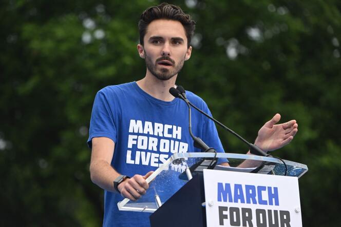 Parkland school shooting survivor and activist David Hogg speaks to gun control advocates during the March for Our Lives rally on the National Mall in Washington, D.C., June 11, 2022.