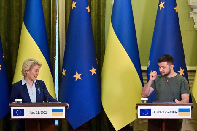 Ukrainian President Volodymyr Zelensky and European Commission President Ursula von der Leyen make statements following their talks in Kyiv on June 11, 2022.