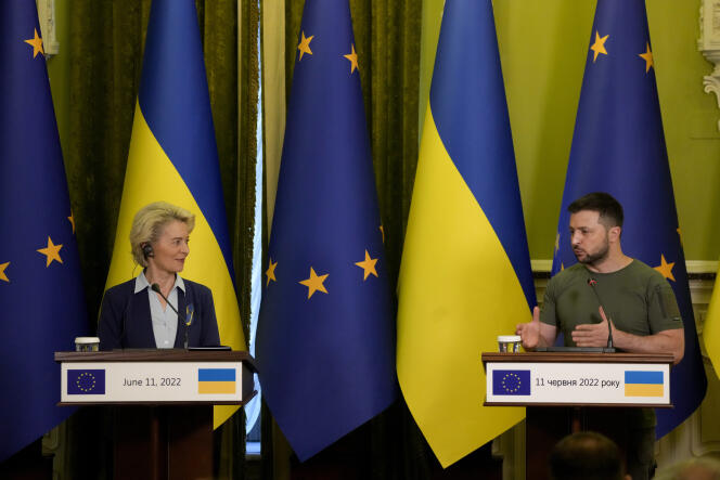 Ukraine President Volodymyr Zelensky speaks during a joint press conference with European Commission President Ursula von der Leyen, in Kyiv, Ukraine, Saturday, June 11, 2022.
