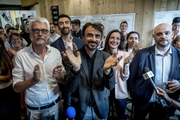 Hubert Julien-Lafériere, NUPES candidate of the 2nd constituency of the Rhône; Benjamin Badouar, candidate of the 4th constituency; Grégory Doucet, mayor of Lyon; Marie-Charlotte Garin, candidate of the 3rd constituency; and Thomas Dossus, EELV senator of the Rhône, during the announcement of the results of the first round of the legislative elections, in Lyon, on June 12, 2022