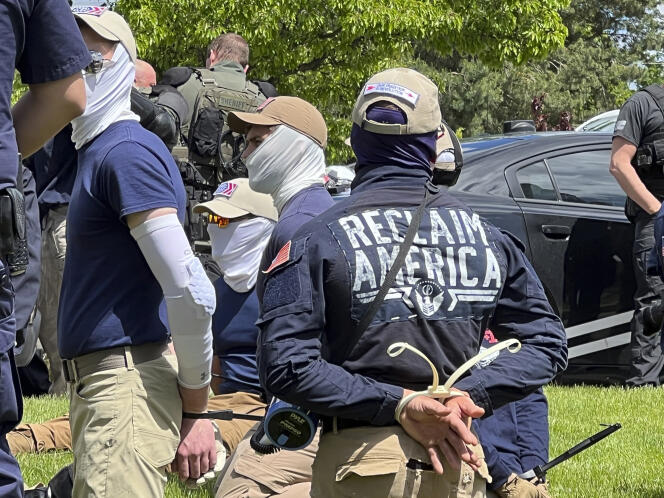 Authorities arrest members of the white supremacist group Patriot Front near a Pride event after they were found packed into the back of a U-Haul truck with riot gear, in Coeur d'Alene (Idaho), on June 11, 2022.