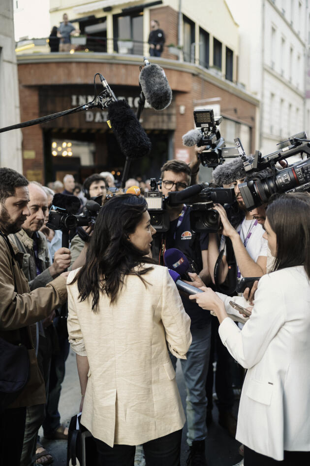 Sophia Chikirou speaks to journalists in front of the NUPES headquarters, Paris, June 12, 2022.