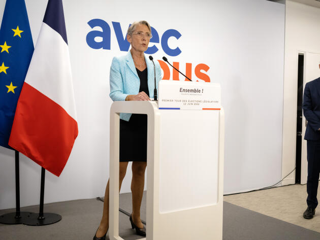 Prime Minister Elisabeth Borne during her speech after the announcement of the results of the first round of the legislative elections, at the LRM headquarters, Paris, June 12, 2022.
