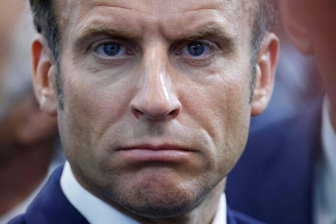  French President Emmanuel Macron looks on  during a visit to the Eurosatory trade fair, at the Paris-Nord Villepinte Exhibition Centre in Villepinte, north of Paris, on June 13, 2022.  