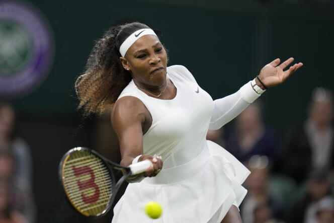 Serena Williams plays in a women's singles first round match on day two of the Wimbledon Tennis Championships in London, Tuesday June 29, 2021. 