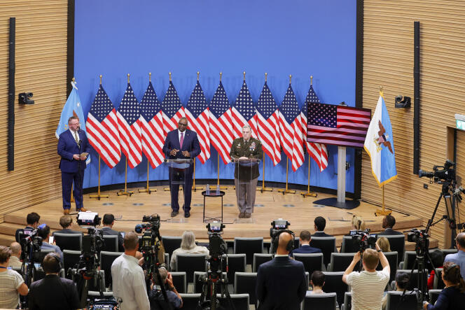 Lloyd Austin, the US secretary of defense, holds a press conference at NATO headquarters in Brussels on June 15, 2022. 