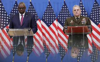 U.S. Secretary for Defense Lloyd J. Austin III, left, and U.S. Chairman of the Joint Chiefs of Staff, General Mark Milley participate in a media conference at NATO headquarters in Brussels, Wednesday, June 15, 2022. NATO defense ministers, attending a two-day meeting starting Wednesday, will discuss beefing up weapons supplies to Ukraine, and Sweden and Finland's applications to join the transatlantic military alliance. (AP Photo/Olivier Matthys)