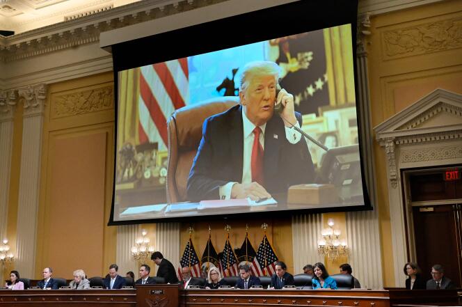 Former US President Donald Trump is seen on a screen as the US House Select Committee to Investigate the January 6 Attack on the US Capitol holds its third public hearing, on Capitol Hill in Washington, DC, on June 16, 2022. 