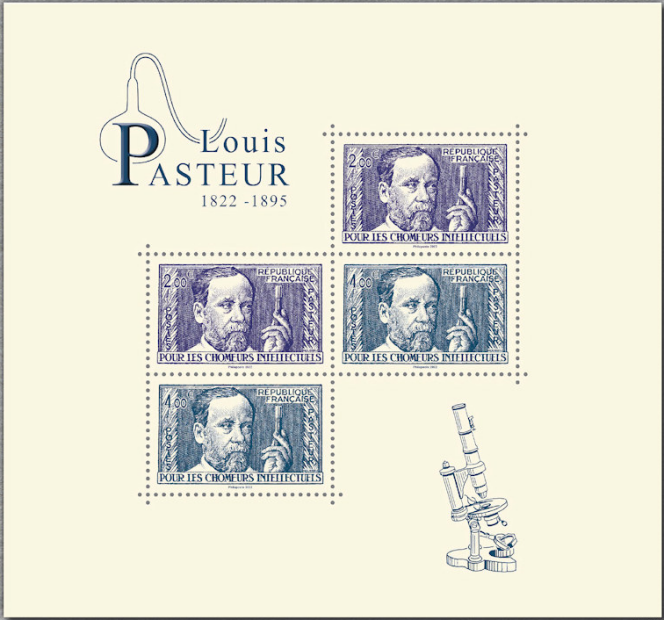 « Pasteur ». Reprise de timbres de 1936 et 1938 à l’effigie du scientifique. Création de Patrick Dérible, gravure de Pierre Bara. Format du bloc : 143 x 135 mm. Impression : taille-douce.