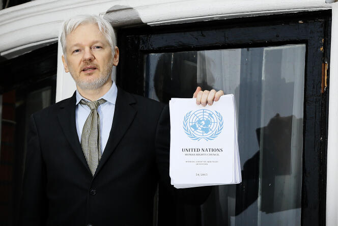 Wikileaks founder Julian Assange speaks on the balcony of the Ecuadorean Embassy in London, Friday, Feb. 5, 2016. 