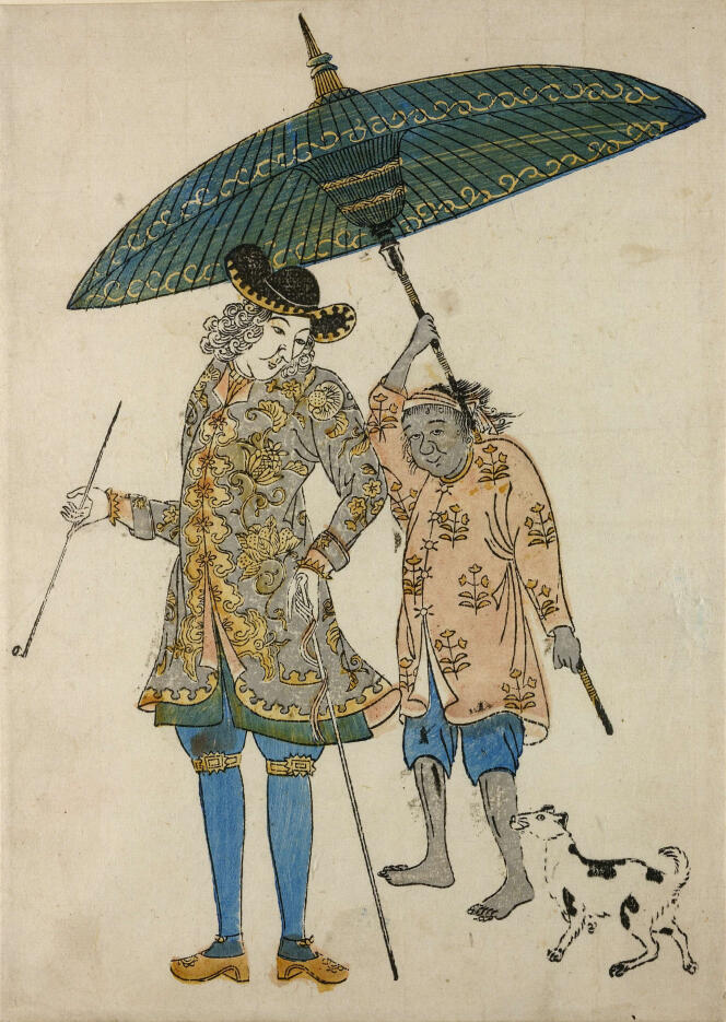 Woodcut of a 'Dutchman walking with his Javanese slave holding an umbrella and a dog'.