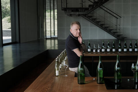 Portrait of Richard Geoffroy at the room for blending procces (Assemblage) on the production of Sake in Iwa Sake brewery in Tateyama, Toyama prefecture in Japan. 18th May 2022
