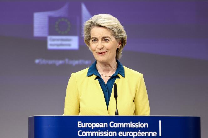European Commission President Ursula von der Leyen holds a press conference on the EU membership applications by Ukraine, Moldova and Georgia at the European Commission headquarters in Brussels on June 17, 2022. 