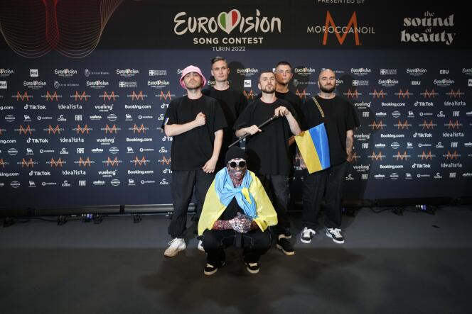 Kalush Orchestra of Ukraine pose for photographers after winning the Grand Final of the Eurovision Song Contest at Palaolimpico arena, in Turin, Italy, Sunday, May 15, 2022. 