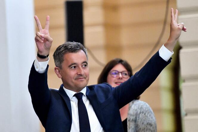 French Interior Minister Gerald Darmanin reacts after the first results from the second round of the parliamentary elections, in Tourcoing, northern France on June 19, 2022.