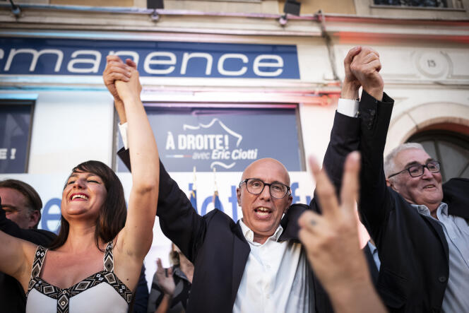 Eric Ciotti (LR), vainqueur aux élections législatives dans les Alpes-Maritimes, à son QG de campagne, sur le port Lympia, à Nice, le 19 juin 2022.
