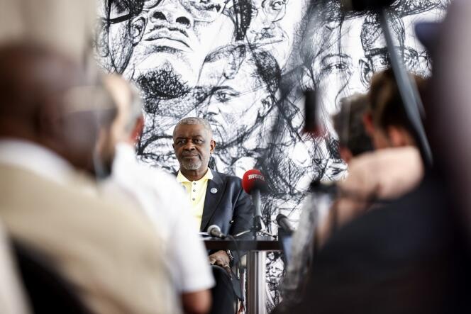 Roland Lumumba, one of Patrice Lumumba's sons, during a press conference at the DRC Embassy in Brussels on June 17, 2022.