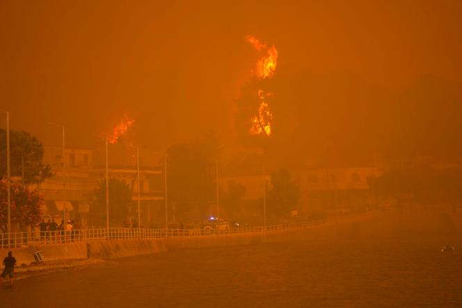 Le feu brûle des arbres près d’une plage du village de Pefki, sur l’île d’Eubée, en Grèce, en août 2021.