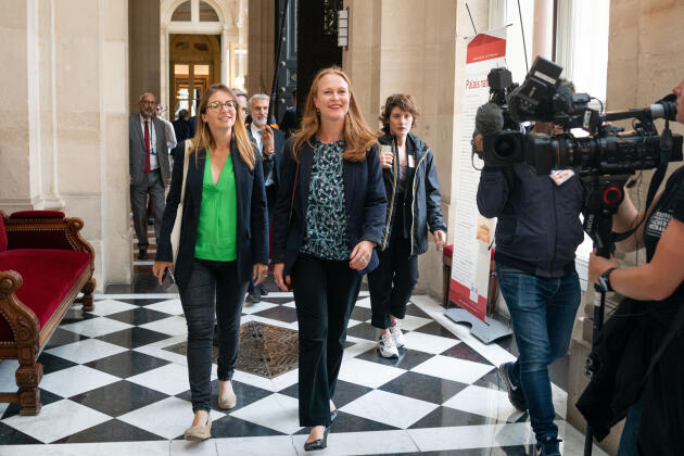 LRM MPs Aurore Bergé (Yvelines) and Violette Spillebout (Nord) arrive at the Assemblée Nationale, in Paris, June 20, 2022.