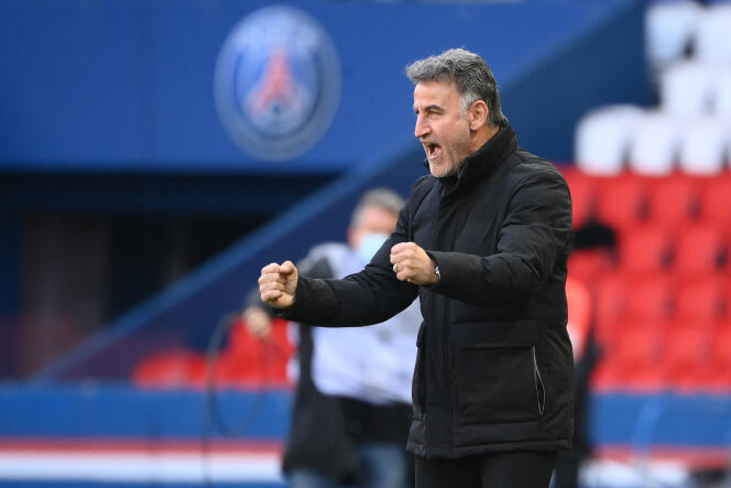 Christophe Galtier, coaching Lille at the time, rejoices after his team's goal against PSG at the Parc des Princes, April 3, 2021.
