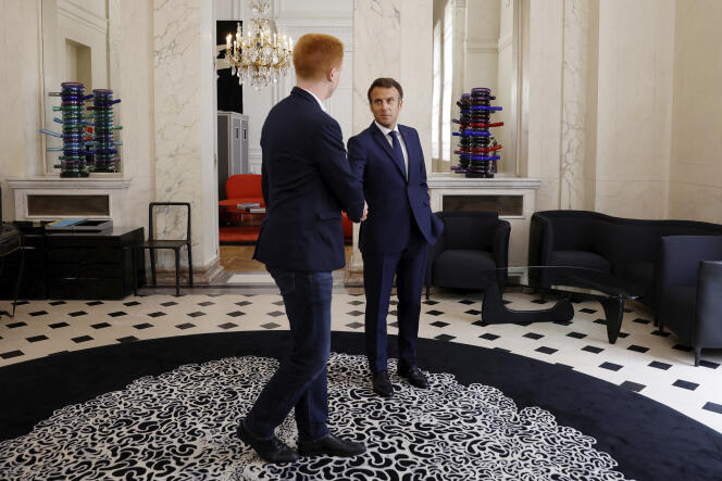 Emmanuel Macron after his meeting with Adrien Quatennens (LFI) at the Elysée Palace on June 22.