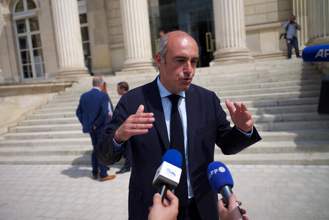 Olivier Marleix, the new president of the Les Républicains group in the Assemblée Nationale, answers journalists in the courtyard of the Palais-Bourbon, June 22, 2022, in Paris.