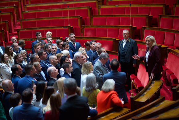 Marine Le Pen s'exprime devant une partie des députés Rassemblement national depuis l’Hémicycle, le 22 juin 2022, à Paris.