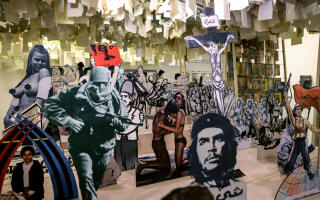 A picture shows a view of the “Memory of a Paper City” exhibition by Lebanese artist Alfred Tarazi at Umam Documentation and Research NGO in the capital Beirut on June 14, 2022. (Photo by JOSEPH EID / AFP)