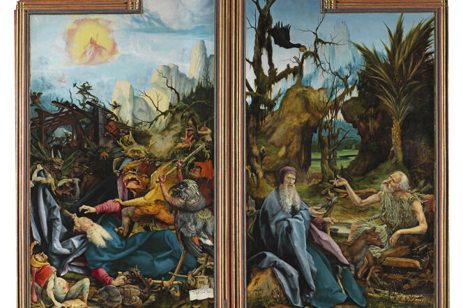 The restored Issenheim Altarpiece (1512-1516), with the attack of Saint Anthony by the demons (left) and the visit of Saint Anthony to the hermit Saint Paul (right).