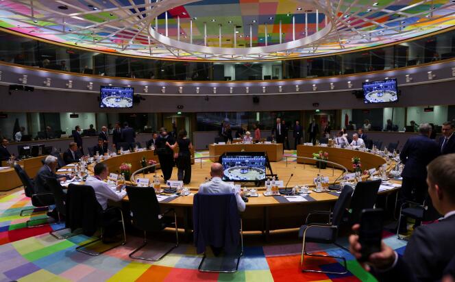 A general view of the main meeting room where European Union leaders gather for a summit, in Brussels, Belgium June 23, 2022.
