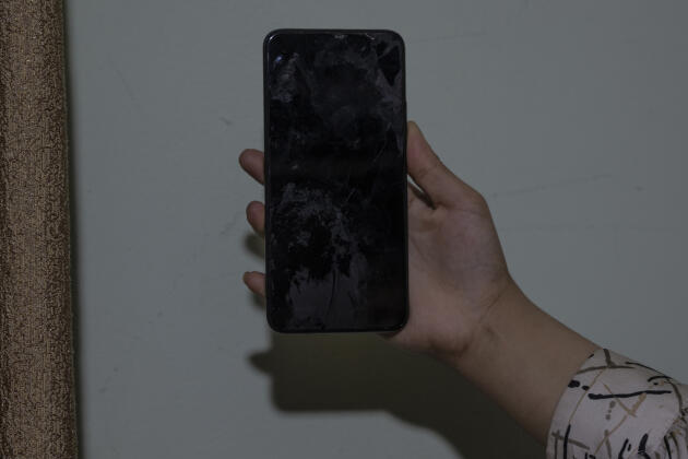 The phone covered in the dried blood of Zaid Ghnaim, 14, killed by the Israeli army on May 27, 2022, in Al-Khader, near Bethlehem in the occupied West Bank.