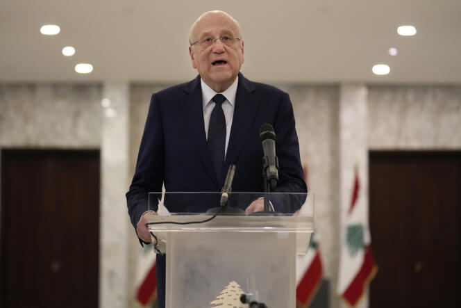 Le premier ministre libanais, Najib Mikati, lors d’une conférence de presse faisant suite à son entrevue avec le président Michel Aoun, le 23 juin 2022 à Beyrouth. 