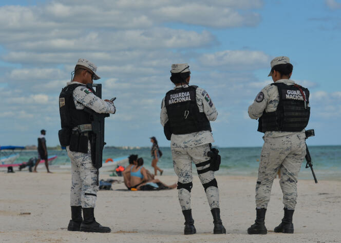 The National Guard patrols Playa Pescadores, in Tulum, Mexico, on November 8, 2021.