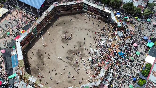 Aerial view of the collapsed bleachers in the bullring in Espinal, Colombia, on June 26, 2022.
