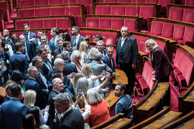 Marine Le Pen with her group of RN MPs in the Assemblée Nationale, Paris, June 22, 2022.