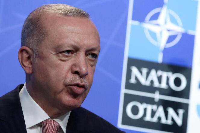 Turkey's President Tayyip Erdogan holds a news conference during the NATO summit at the Alliance's headquarters in Brussels, Belgium June 14, 2021. 
