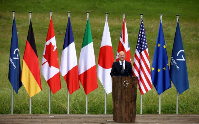 Le chancelier allemand, Olaf Scholz, fait une déclaration le 28 juin 2022 au château d’Elmau, dans le sud de l’Allemagne, à l’issue du sommet du G7. 