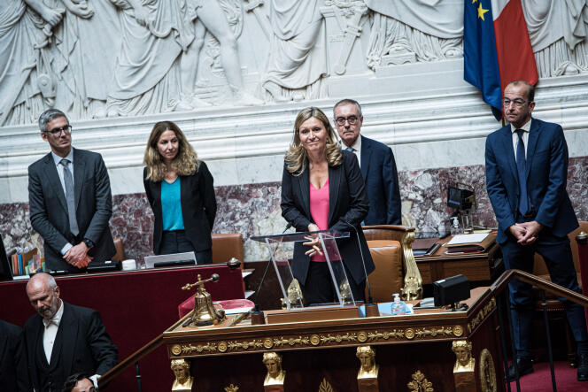 La député des Yvelines Yaël Braun-Pivet arrive au perchoir de l’Assemblée nationale pour prononcer son premier discours en tant que présidente du Palais-Bourbon, mercredi 29 juin.