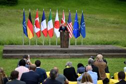 Germany's Chancellor Olaf Scholz gives a statement on June 28, 2022 at Elmau Castle, southern Germany, at the end of the G7 Summit. 