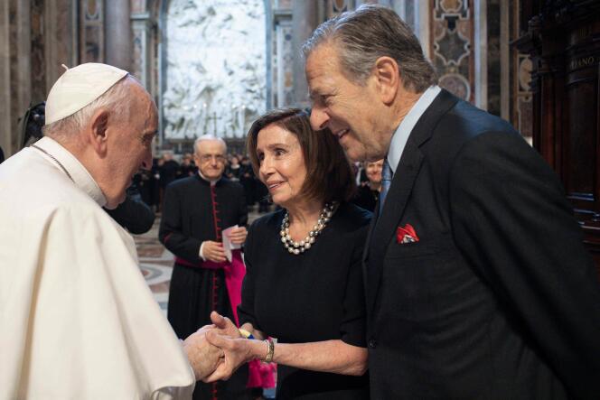 Pope Francis with US House of Representatives Speaker Nancy Pelosi and her husband, Paul Pelosi, in St. Peter's Basilica, June 29.