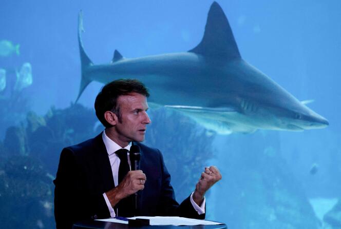 President Emmanuel Macron speaks for the sea during the United Nations Ocean Conference on June 30, 2022 in Lisbon, Portugal.