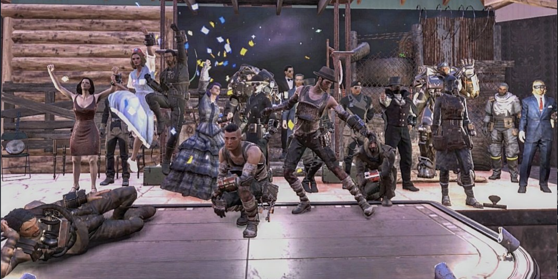 Les artistes saluent la foule après la représentation de « Roméo et Juliette » dans « Fallout 76 » par The Wasteland Theatre Company. Deux membres de la troupe sont chargé d’assurer la sécurité du spectacle afin de repousser les potentielles attaques de mutants ou de créature malveillantes du jeu durant  le spectacle.