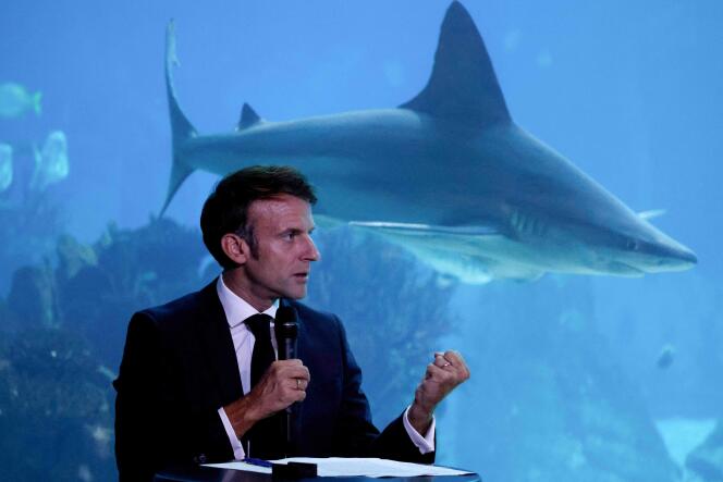 President Emmanuel Macron speaks in defense of the seabed during the United Nations Ocean Conference in Lisbon, Portugal, June 30, 2022.