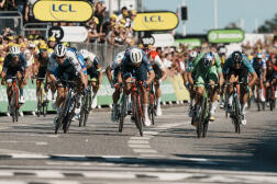 Fabio Jakobsen (left), winner of the 2nd stage of the Tour de France, in Nyborg (Denmark), Saturday July 2. 